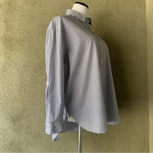“Gloria Vanderbilt” Navy & White Railroad Stripe Cotton Button-down Shirt size L - Picture 8 of 13